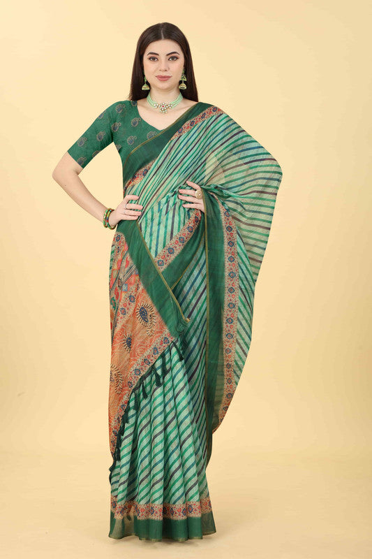 Multicolor Cotton Blend Printed Striped Saree with Unstitched Blouse - Hiral Fashion | Grocsy