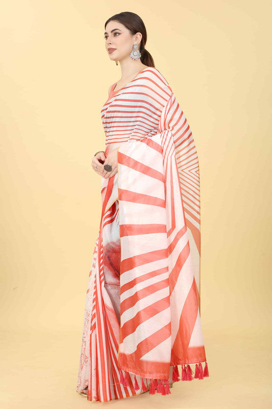 Red Cotton Blend Printed Striped Saree with Unstitched Blouse - Hiral Fashion | Grocsy