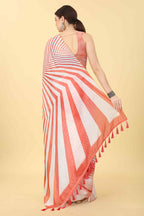 Red Cotton Blend Printed Striped Saree with Unstitched Blouse - Hiral Fashion | Grocsy