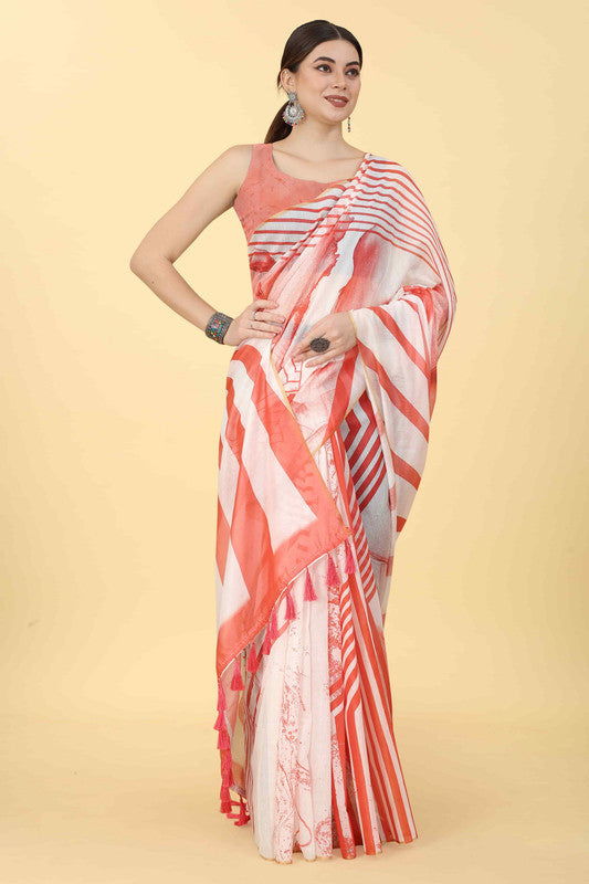 Red Cotton Blend Printed Striped Saree with Unstitched Blouse - Hiral Fashion | Grocsy