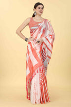 Red Cotton Blend Printed Striped Saree with Unstitched Blouse - Hiral Fashion | Grocsy