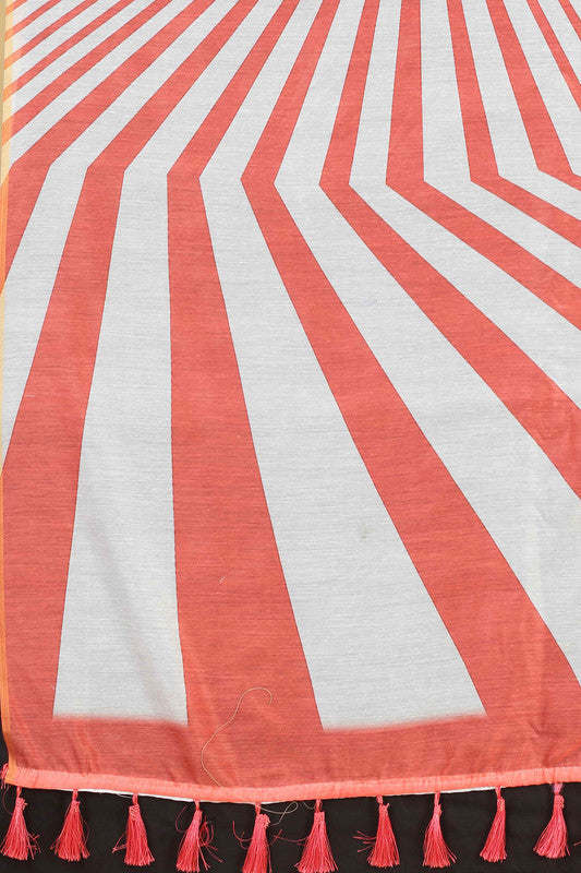 Red Cotton Blend Printed Striped Saree with Unstitched Blouse - Hiral Fashion | Grocsy