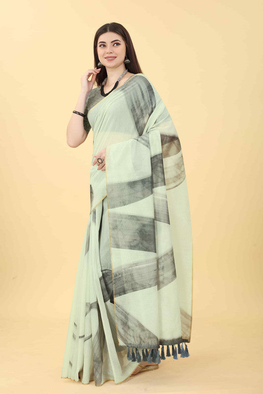 White Cotton Blend Printed Striped Saree with Unstitched Blouse - Hiral Fashion | Grocsy