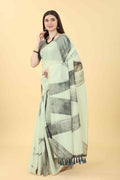 White Cotton Blend Printed Striped Saree with Unstitched Blouse - Hiral Fashion | Grocsy