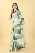 White Cotton Blend Printed Striped Saree with Unstitched Blouse - Hiral Fashion | Grocsy