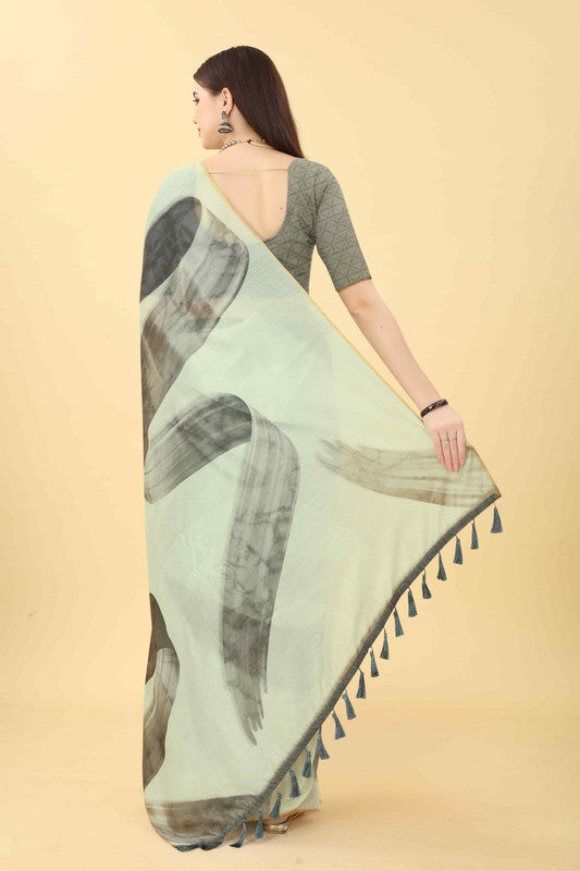 White Cotton Blend Printed Striped Saree with Unstitched Blouse - Hiral Fashion | Grocsy