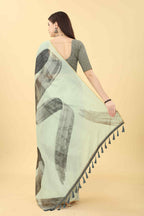 White Cotton Blend Printed Striped Saree with Unstitched Blouse - Hiral Fashion | Grocsy