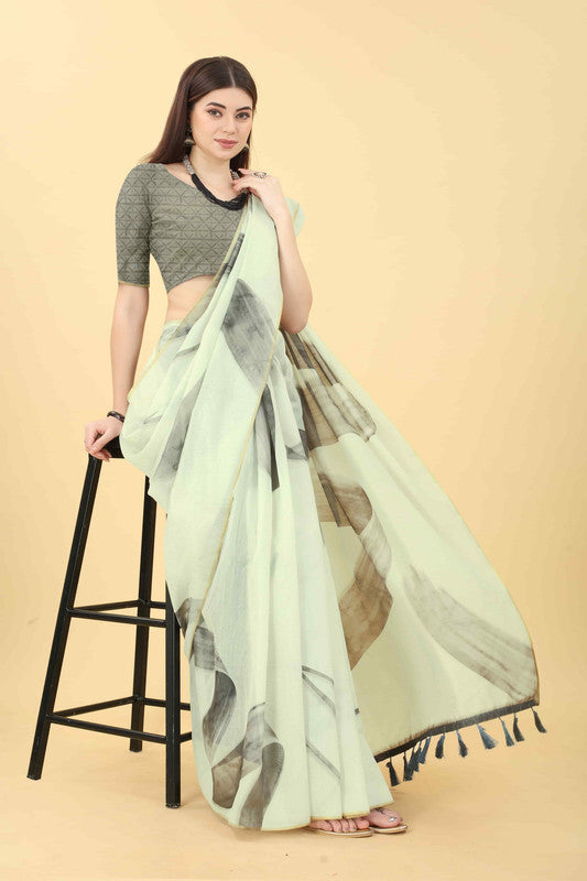 White Cotton Blend Printed Striped Saree with Unstitched Blouse - Hiral Fashion | Grocsy