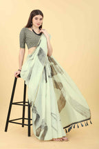White Cotton Blend Printed Striped Saree with Unstitched Blouse - Hiral Fashion | Grocsy