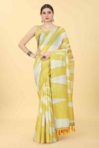 Yellow Cotton Blend Printed Striped Saree with Unstitched Blouse - Hiral Fashion | Grocsy
