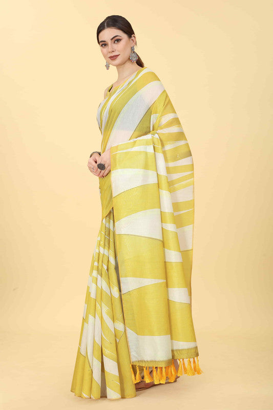 Yellow Cotton Blend Printed Striped Saree with Unstitched Blouse - Hiral Fashion | Grocsy