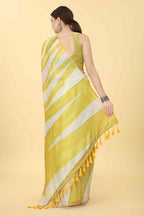 Yellow Cotton Blend Printed Striped Saree with Unstitched Blouse - Hiral Fashion | Grocsy
