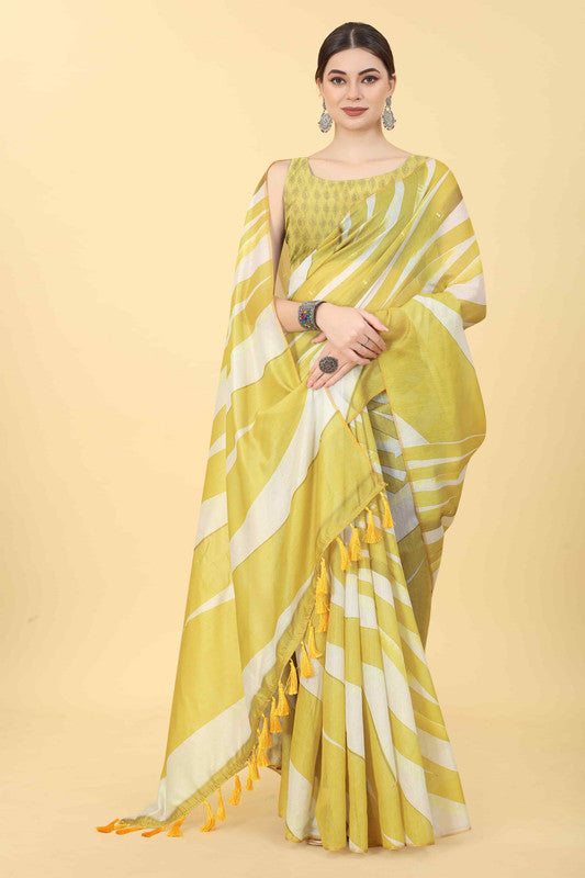 Yellow Cotton Blend Printed Striped Saree with Unstitched Blouse - Hiral Fashion | Grocsy