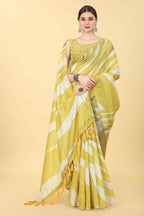 Yellow Cotton Blend Printed Striped Saree with Unstitched Blouse - Hiral Fashion | Grocsy