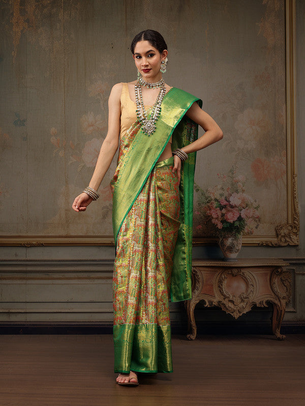 Green Pure Silk Woven Zari Design Ethnic Motifs Saree with Unstitched Blouse - Hiral Fashion | Grocsy