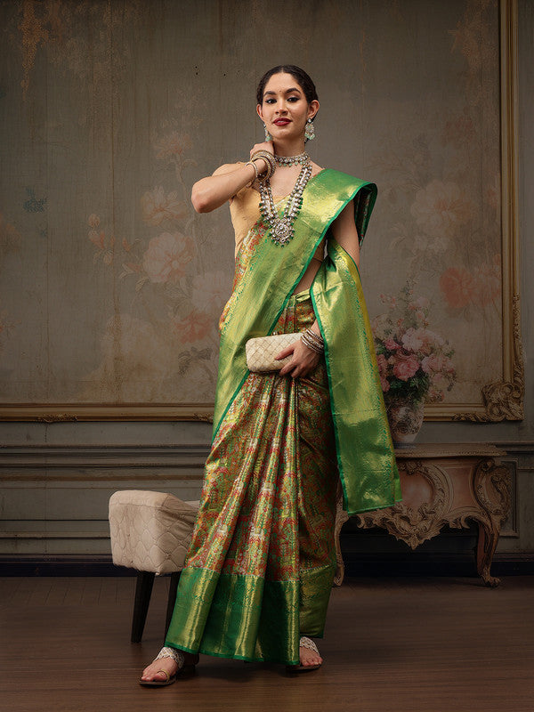 Green Pure Silk Woven Zari Design Ethnic Motifs Saree with Unstitched Blouse - Hiral Fashion | Grocsy
