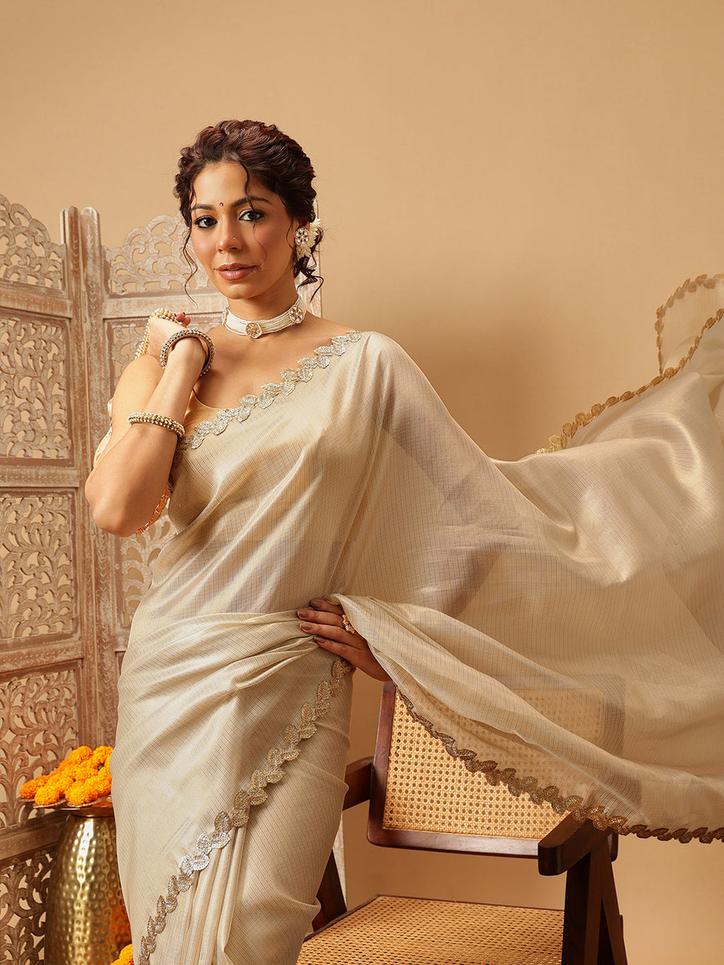 Hiral Fashion Beige Gota Patti Muga Silk Solid Lace Work Saree | Grocsy