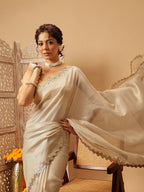 Hiral Fashion Beige Gota Patti Muga Silk Solid Lace Work Saree | Grocsy