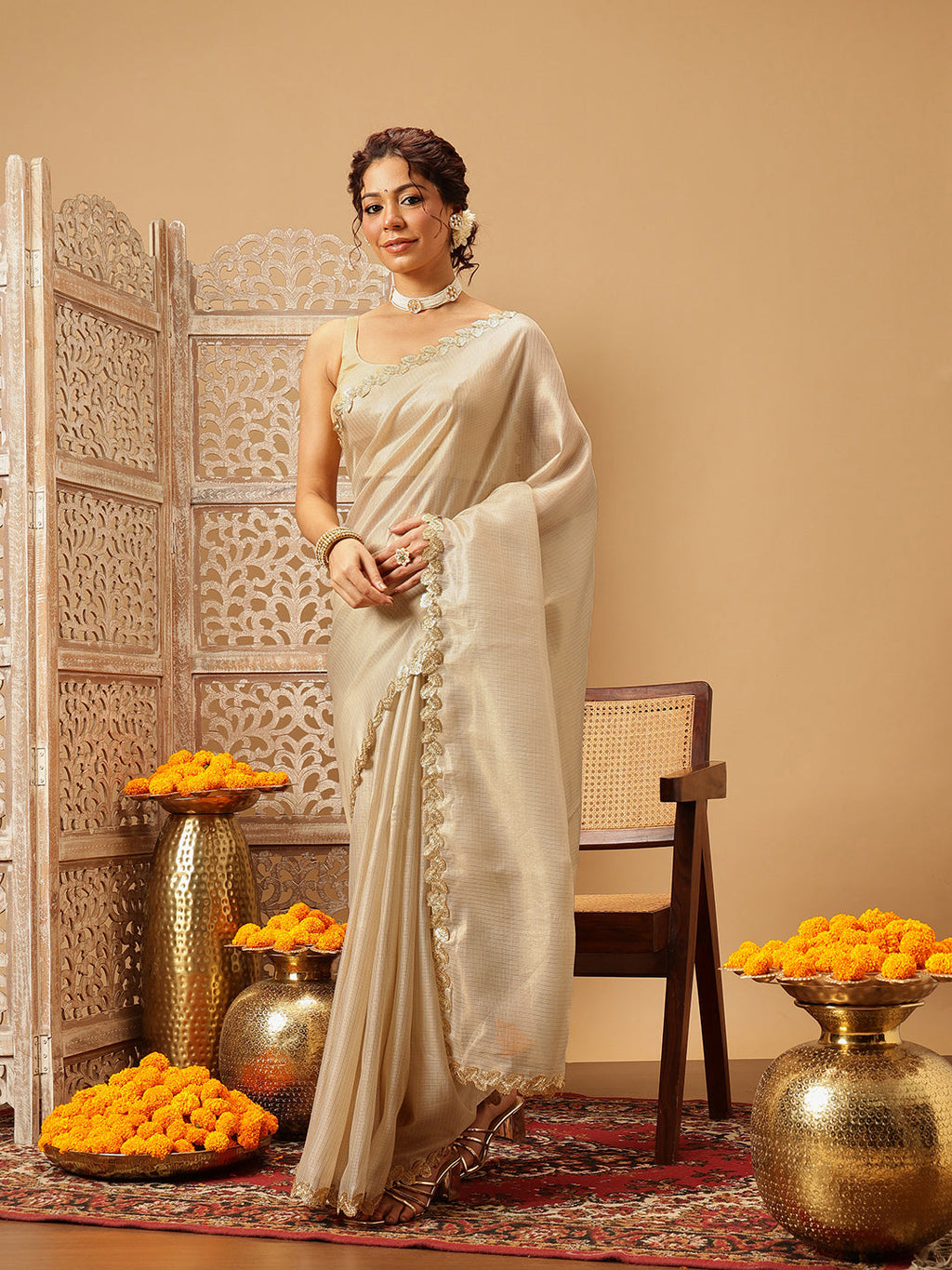 Hiral Fashion Beige Gota Patti Muga Silk Solid Lace Work Saree | Grocsy