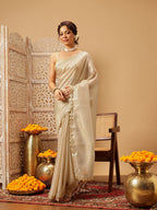 Hiral Fashion Beige Gota Patti Muga Silk Solid Lace Work Saree | Grocsy