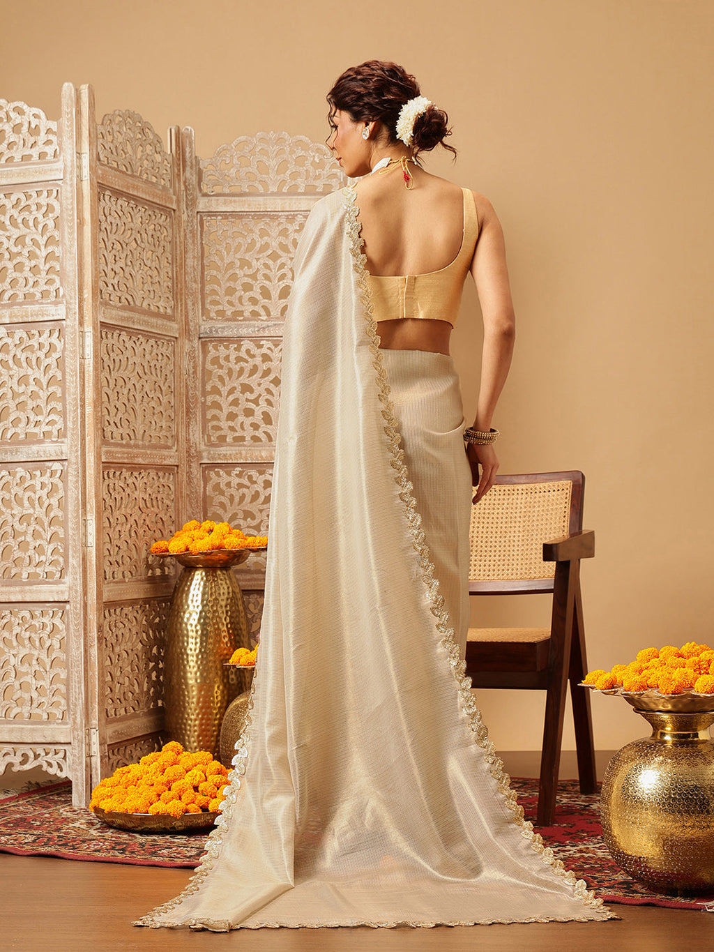 Hiral Fashion Beige Gota Patti Muga Silk Solid Lace Work Saree | Grocsy