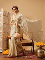 Hiral Fashion Beige Gota Patti Muga Silk Solid Lace Work Saree | Grocsy