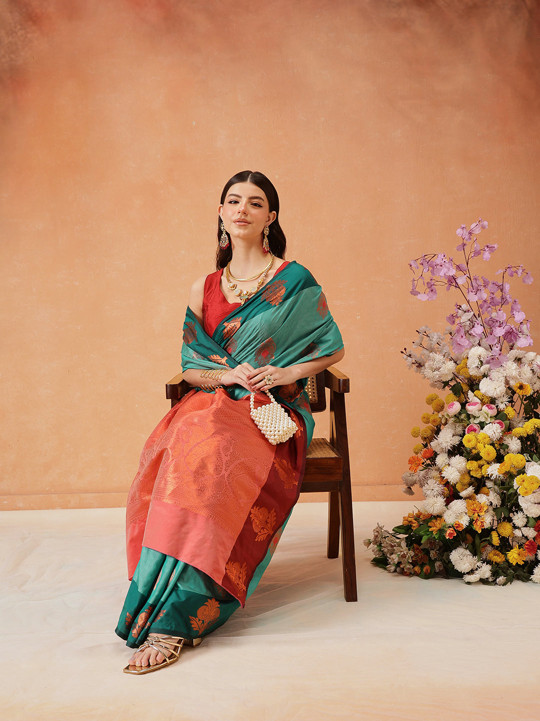 Hiral Fashion Turquoise Blue Banarasi Silk Floral Woven Design Saree | Grocsy