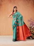 Hiral Fashion Turquoise Blue Banarasi Silk Floral Woven Design Saree | Grocsy