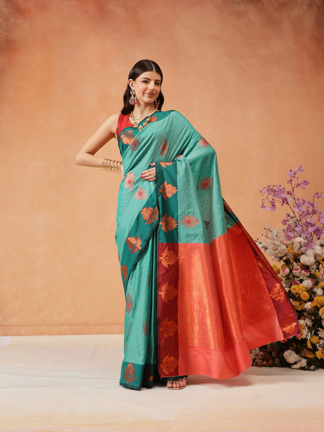 Hiral Fashion Turquoise Blue Banarasi Silk Floral Woven Design Saree | Grocsy