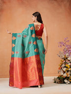 Hiral Fashion Turquoise Blue Banarasi Silk Floral Woven Design Saree | Grocsy