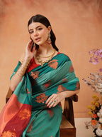 Hiral Fashion Turquoise Blue Banarasi Silk Floral Woven Design Saree | Grocsy