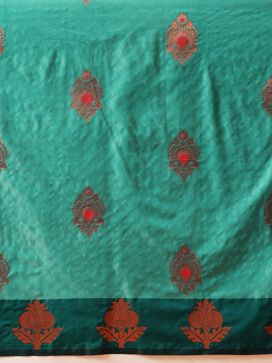 Hiral Fashion Turquoise Blue Banarasi Silk Floral Woven Design Saree | Grocsy
