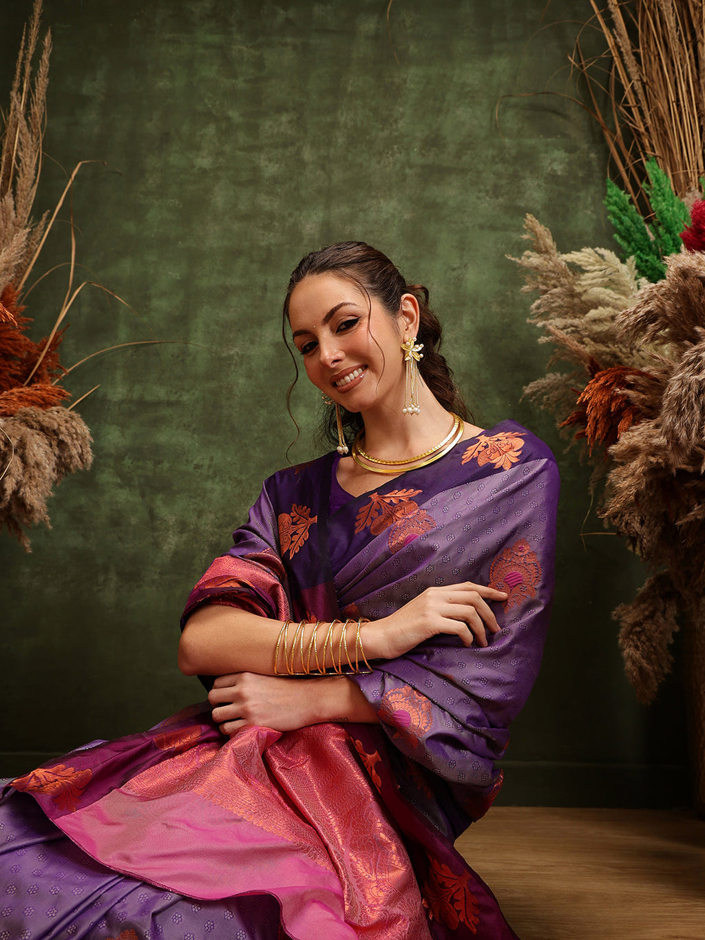 Hiral Fashion Lavender Banarasi Silk Floral Woven Design Saree | Grocsy