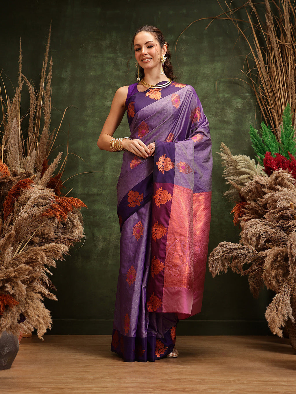 Hiral Fashion Lavender Banarasi Silk Floral Woven Design Saree | Grocsy