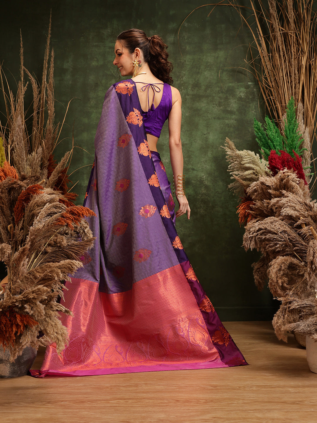 Hiral Fashion Lavender Banarasi Silk Floral Woven Design Saree | Grocsy