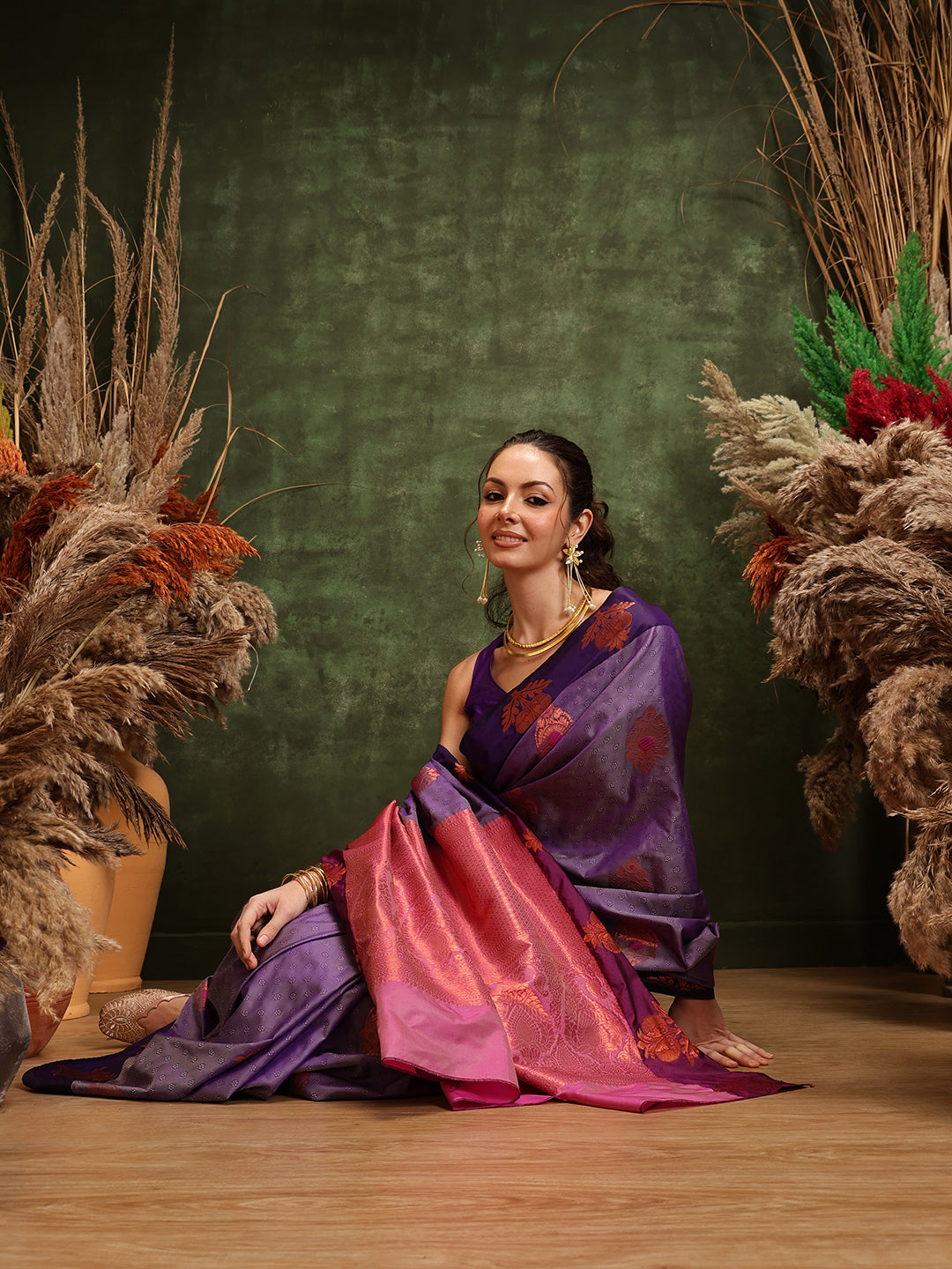 Hiral Fashion Lavender Banarasi Silk Floral Woven Design Saree | Grocsy