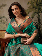 Hiral Fashion Green Banarasi Silk Floral Woven Design Saree | Grocsy