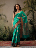 Hiral Fashion Green Banarasi Silk Floral Woven Design Saree | Grocsy
