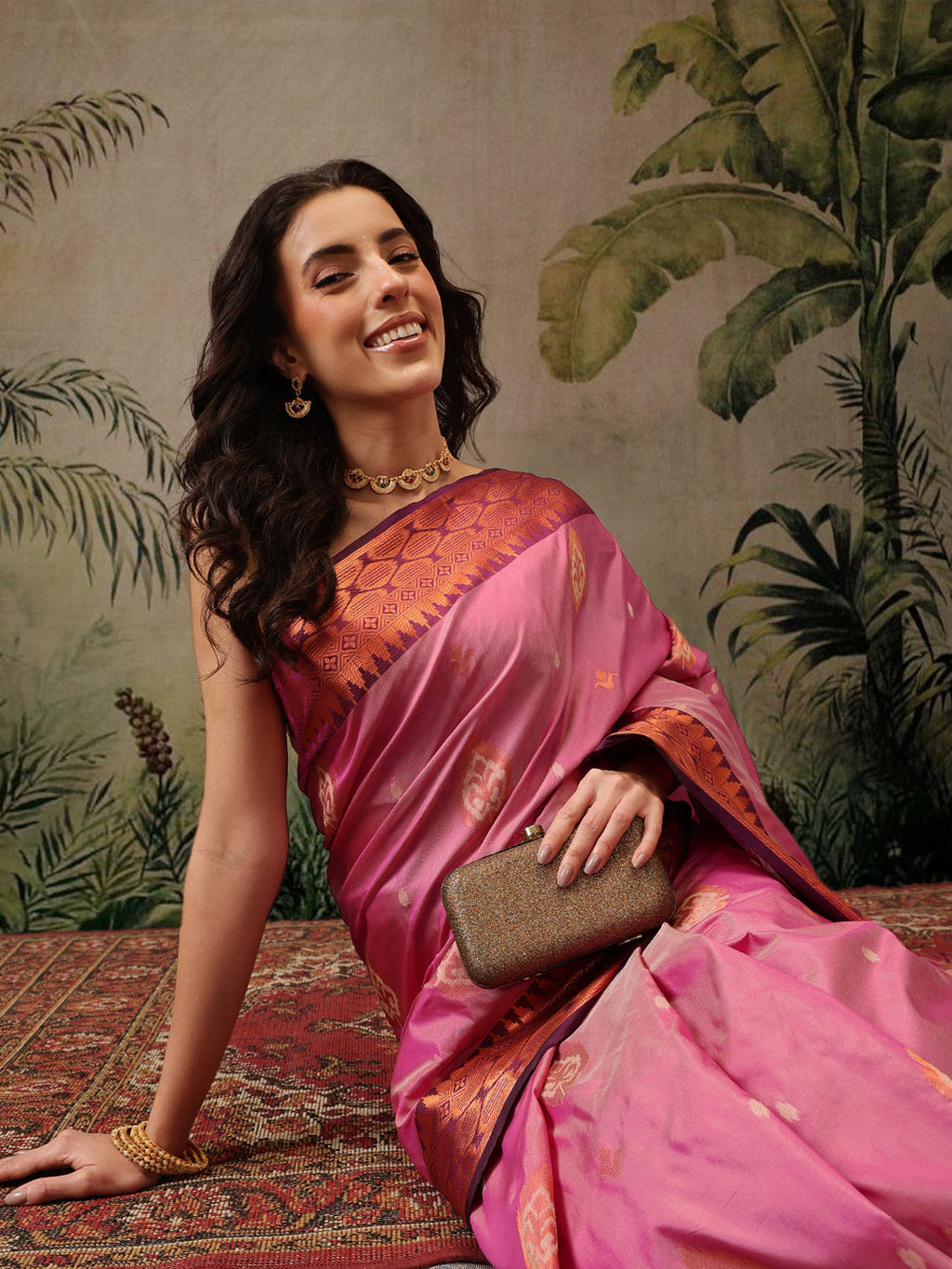 Hiral Fashion Pink Banarasi Silk Floral Woven Design Saree | Grocsy