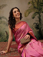 Hiral Fashion Pink Banarasi Silk Floral Woven Design Saree | Grocsy