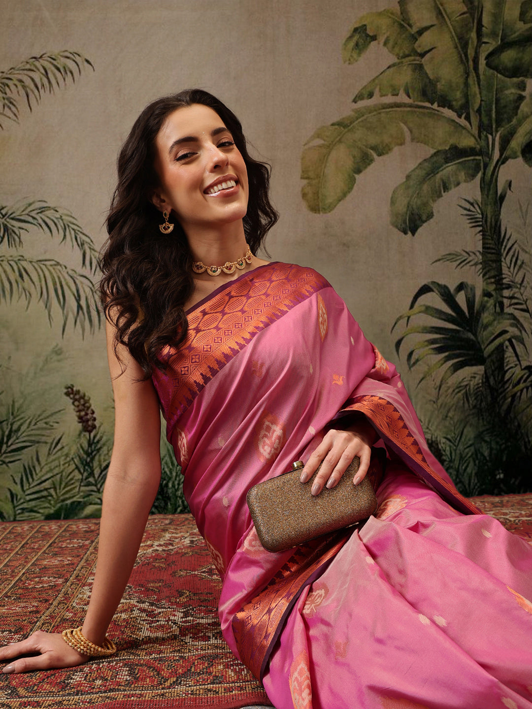 Hiral Fashion Pink Banarasi Silk Floral Woven Design Saree | Grocsy
