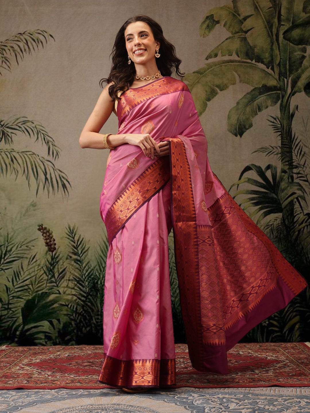 Hiral Fashion Pink Banarasi Silk Floral Woven Design Saree | Grocsy