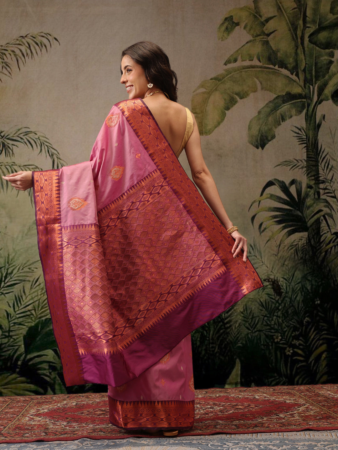 Hiral Fashion Pink Banarasi Silk Floral Woven Design Saree | Grocsy