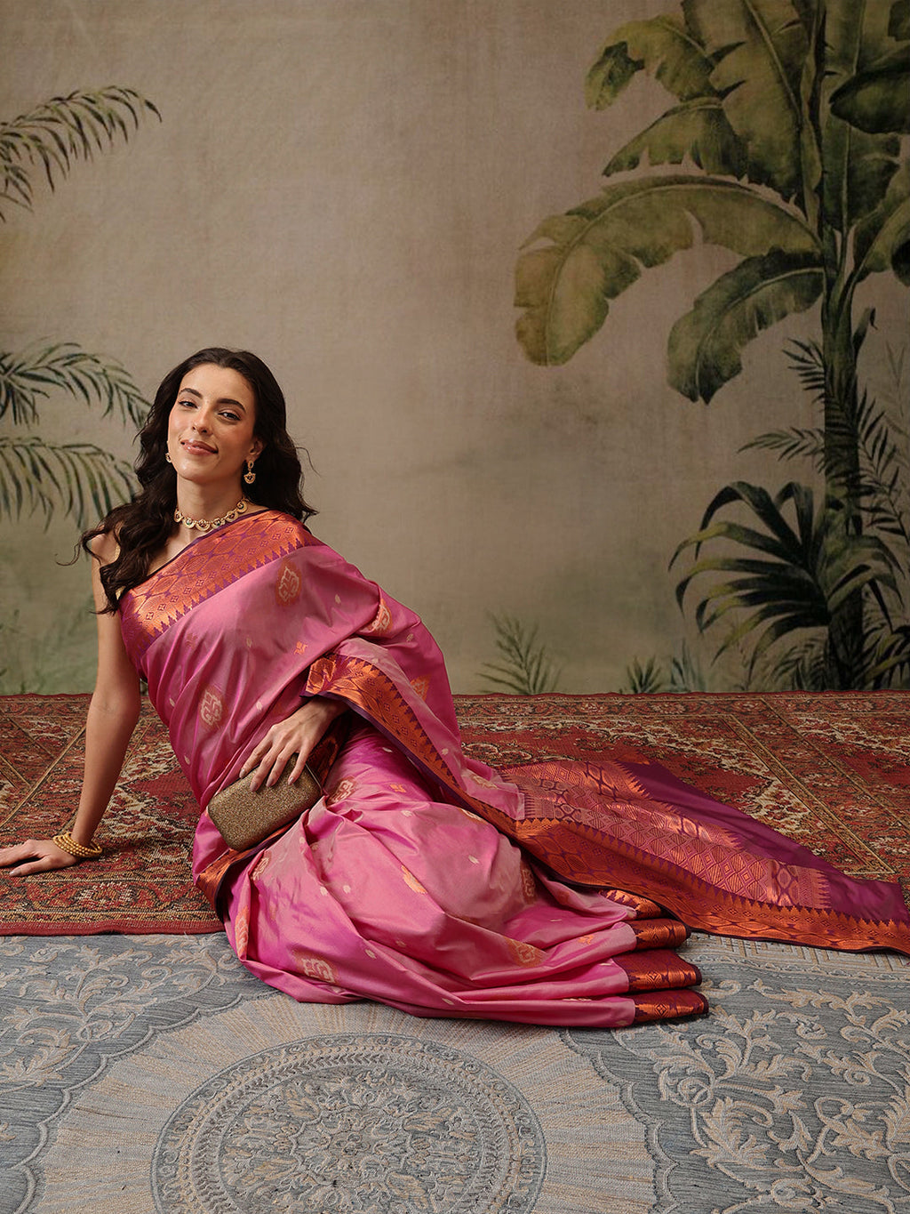 Hiral Fashion Pink Banarasi Silk Floral Woven Design Saree | Grocsy