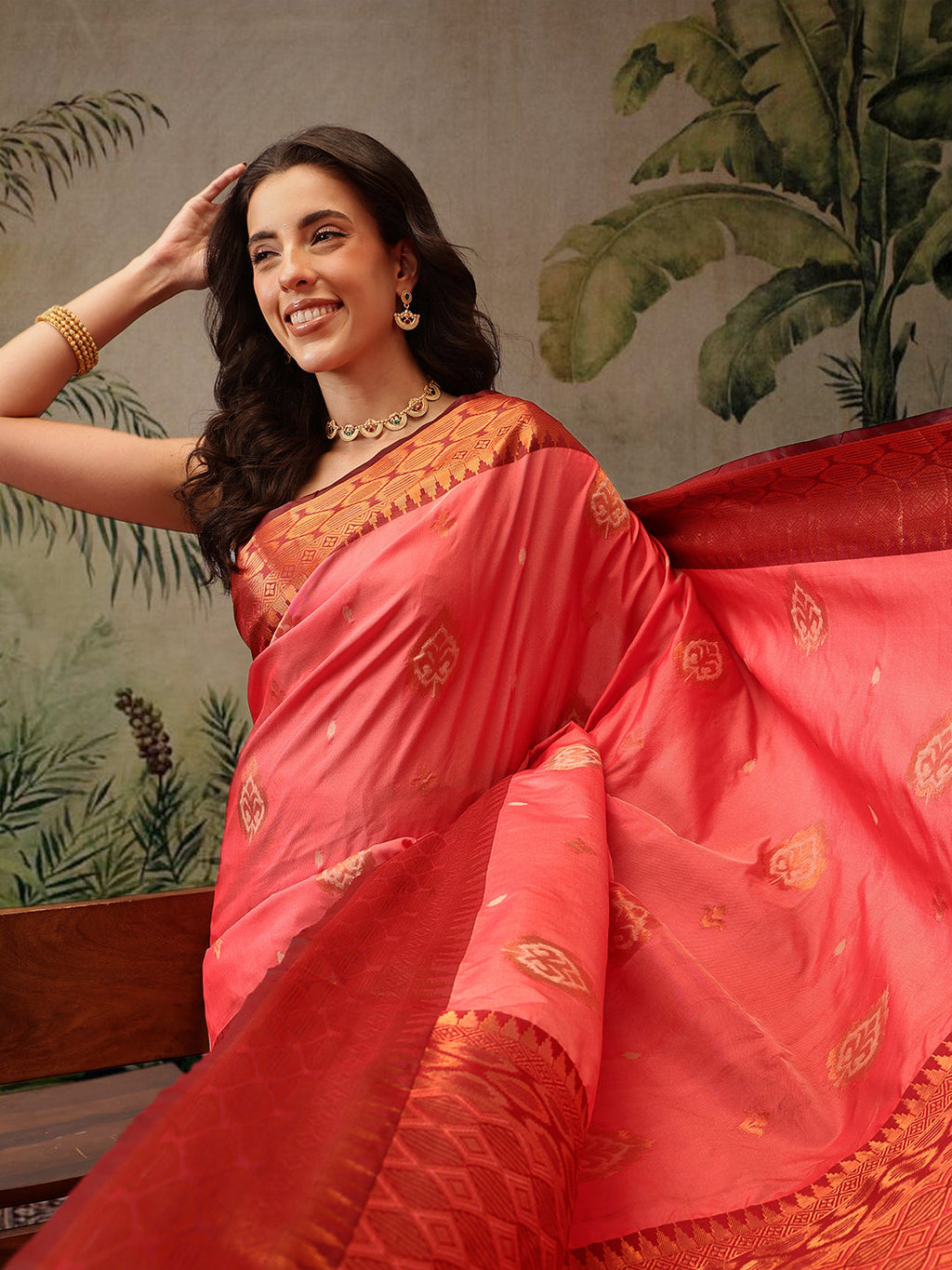 Hiral Fashion Peach Banarasi Silk Floral Woven Design Saree | Grocsy