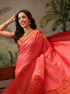 Hiral Fashion Peach Banarasi Silk Floral Woven Design Saree | Grocsy