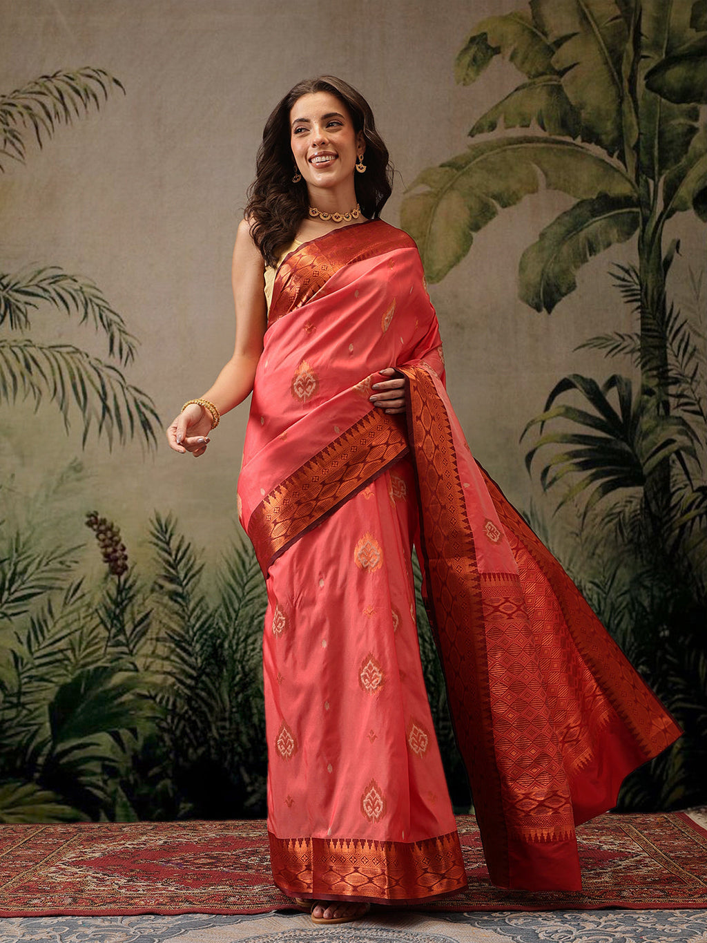Hiral Fashion Peach Banarasi Silk Floral Woven Design Saree | Grocsy