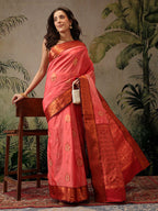 Hiral Fashion Peach Banarasi Silk Floral Woven Design Saree | Grocsy