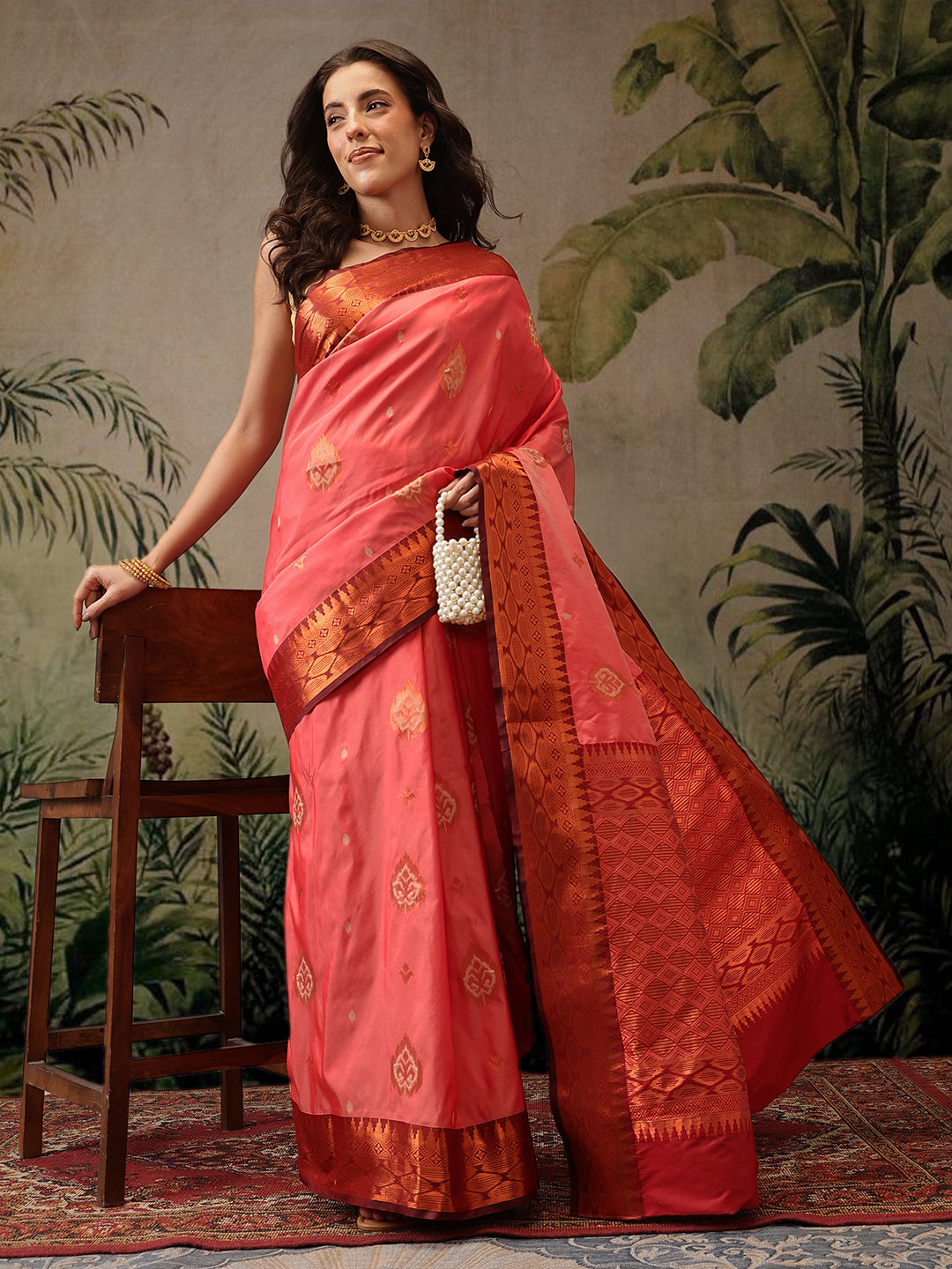 Hiral Fashion Peach Banarasi Silk Floral Woven Design Saree | Grocsy