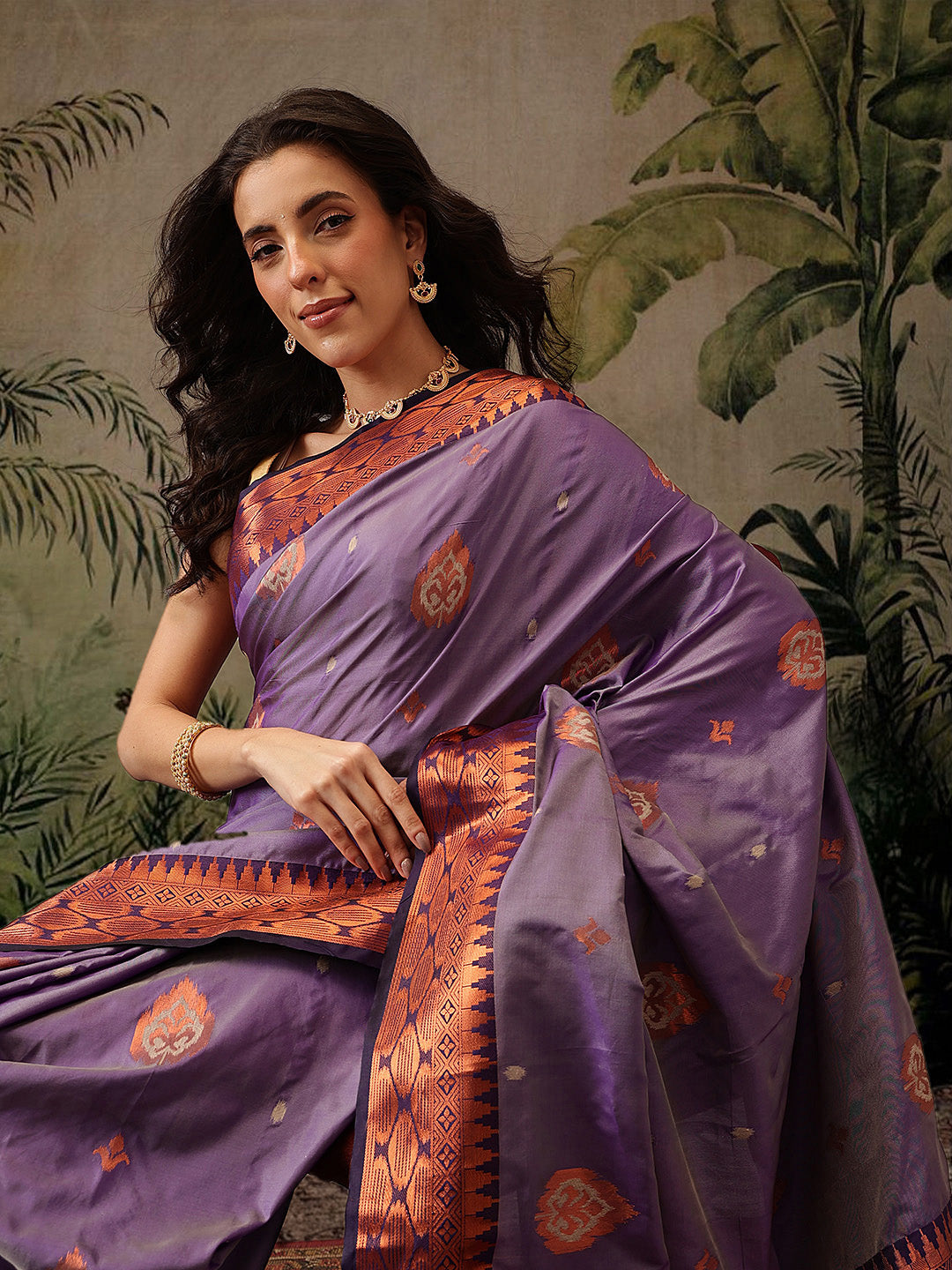 Hiral Fashion Purple Banarasi Silk Floral Woven Design Saree | Grocsy